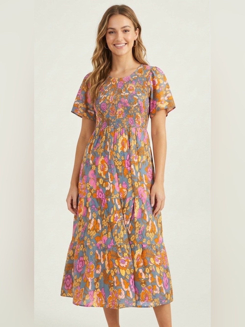 Boho Smocked Tiered Midi Dress, Floral Print, Blue Orange Pink, Flutter Sleeve